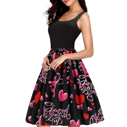 Valentines Day Temperament Stitching Heart Shaped Print Swing Dress - BUNNY BAZAR