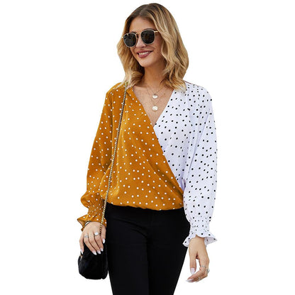 Women's Patchwork Polka Dot Long Sleeve Top Casual Shirt - BUNNY BAZAR