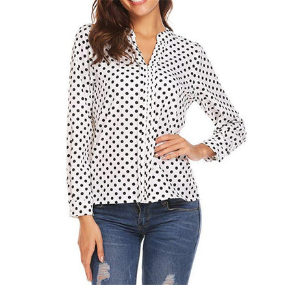 Women's Polka Dot Printed V-neck Long Sleeve Loose Shirt - BUNNY BAZAR