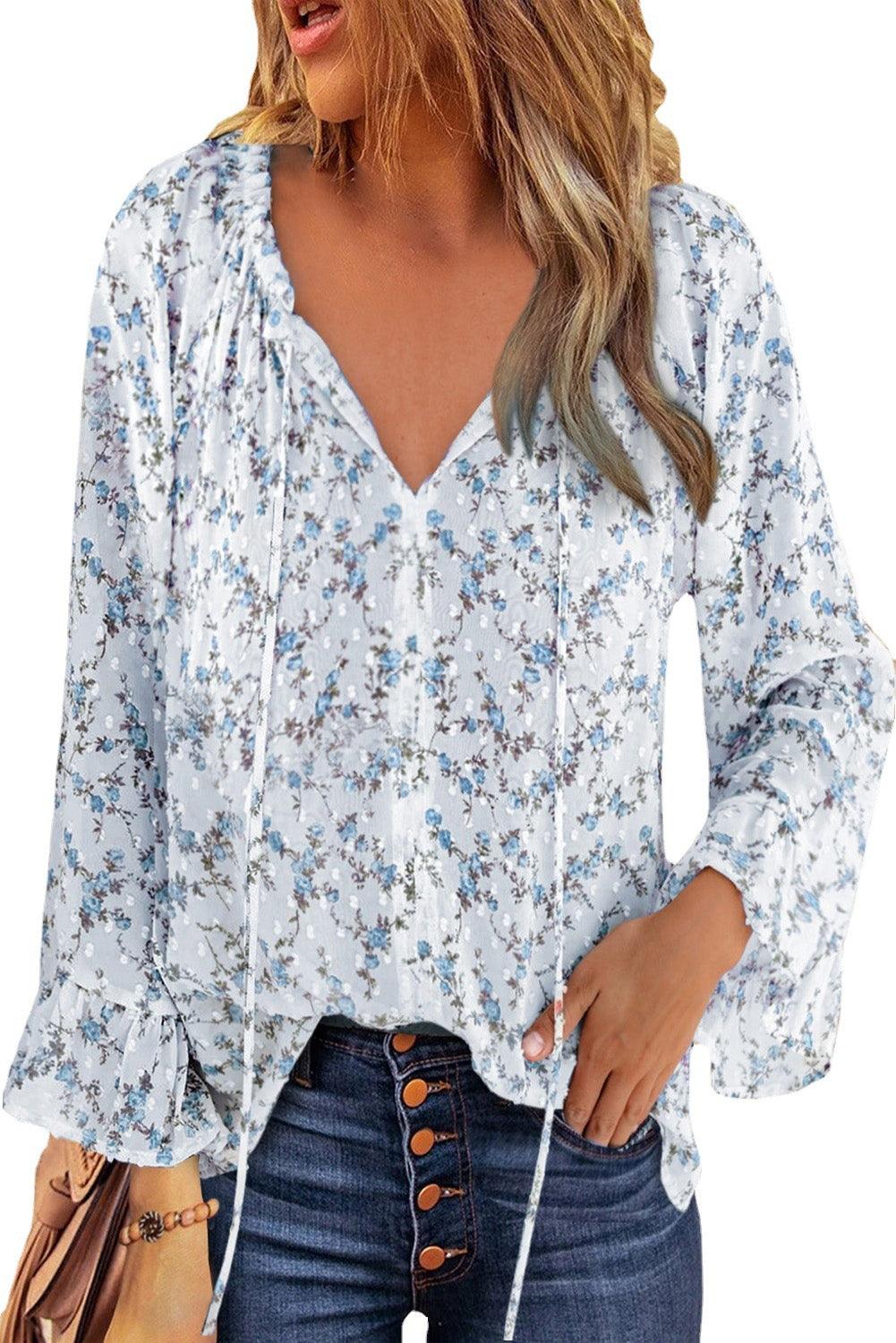 European And American High-end Women's V-neck Printed Top Lantern Sleeves Floral Chiffon Shirt - BUNNY BAZAR