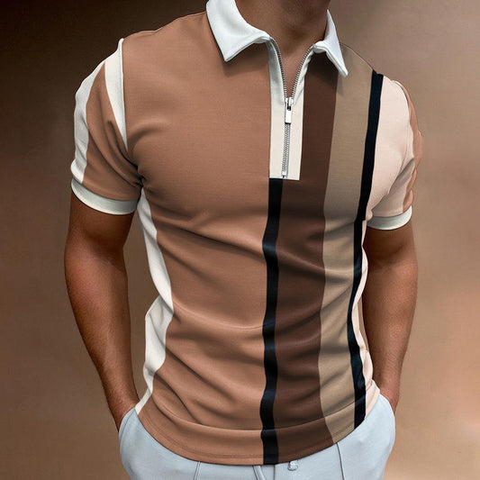 POLO Lapel Casual Short Khaki Striped T-Shirt is Ideal For Any Occasion - BUNNY BAZAR