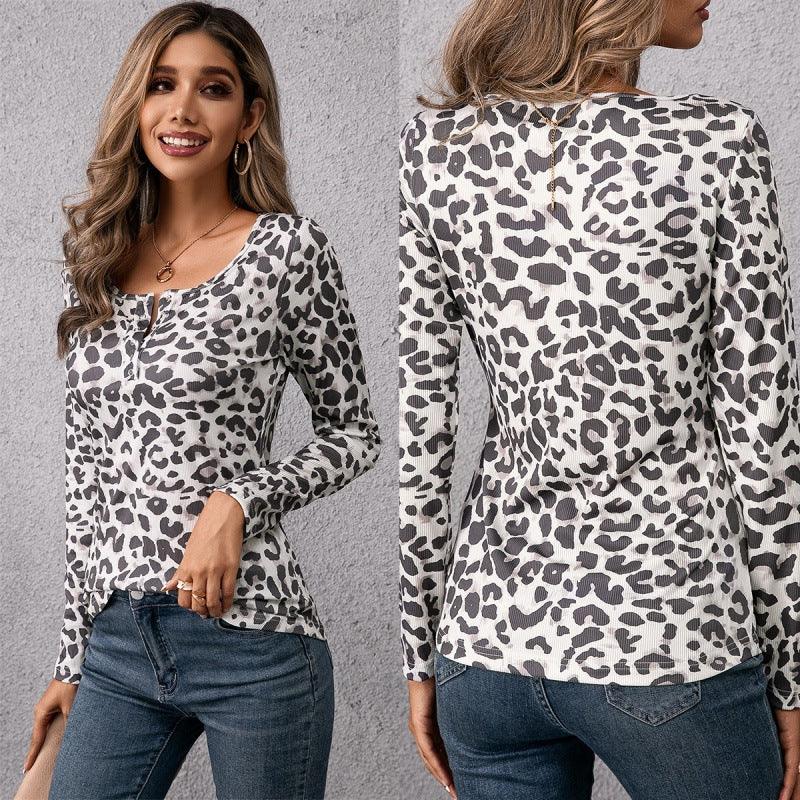 Leopard Square Neck Slim Fit Long Sleeve T-Shirt - BUNNY BAZAR