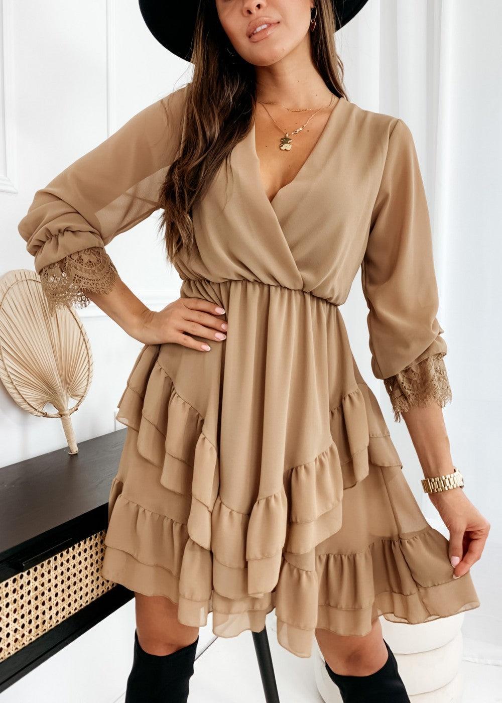 Turtleneck Long Sleeve V-Neck Ruffle Skirt Chiffon Dress - BUNNY BAZAR