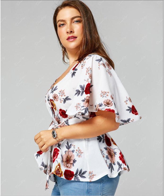 Oversized Printed Lace-up Flared Sleeve Pearl Chiffon Shirt - BUNNY BAZAR