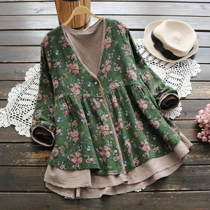 Small Floral V-neck Fake Two Long-sleeved Loose Large Size Blouses - BUNNY BAZAR