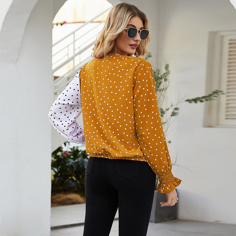 Women's Patchwork Polka Dot Long Sleeve Top Casual Shirt - BUNNY BAZAR