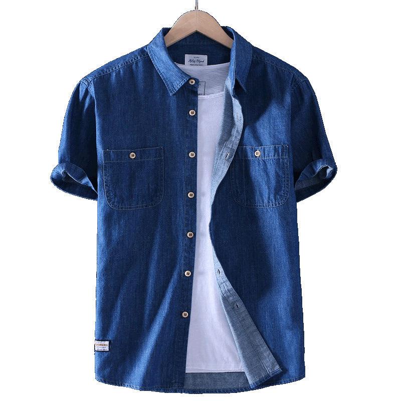 Summer Men's Washed Cotton Casual Shirt Thin Shirt Solid Color Short Sleeve Denim Cotton Trendy Shirt - BUNNY BAZAR