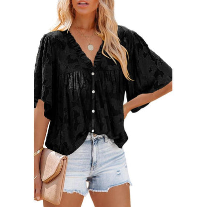 V-neck Cardigan Five-point Mid-sleeve Chiffon Shirt Print Top - BUNNY BAZAR