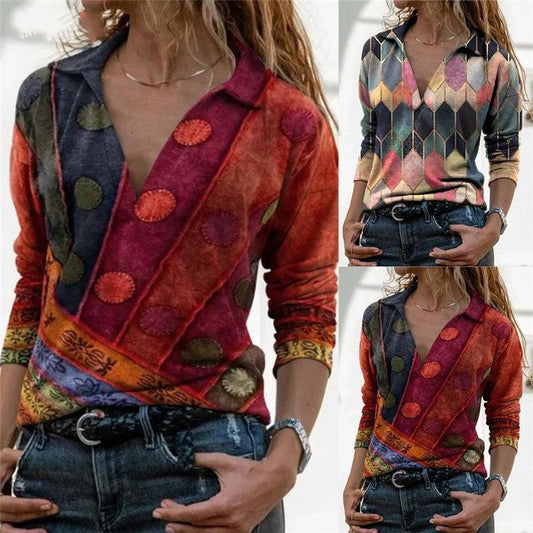 Printed Lapel Casual Top Long Sleeve T-shirt Women - BUNNY BAZAR