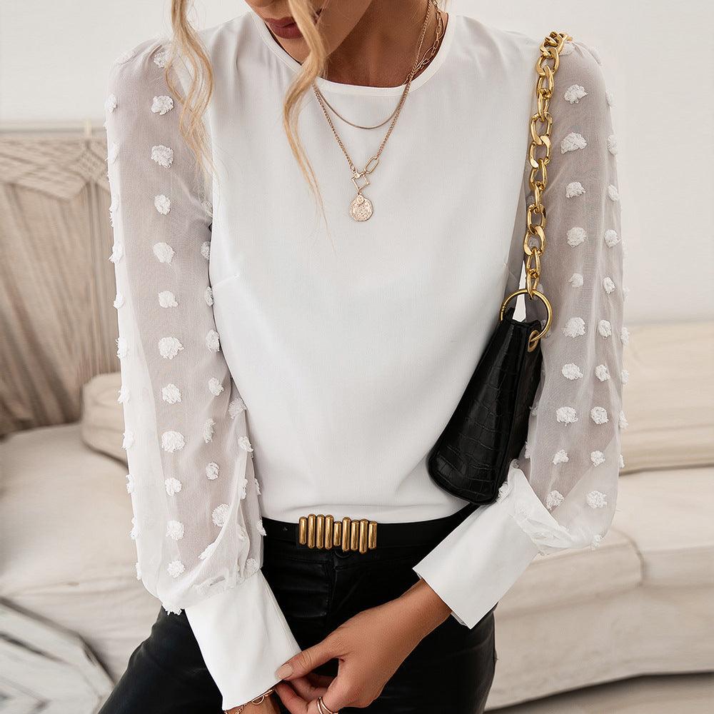 Round Neck Solid Jacquard Polka Dot Long Sleeve Shirt - BUNNY BAZAR