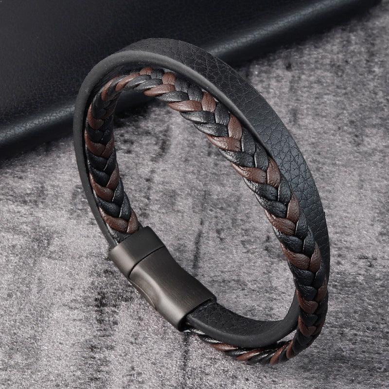 Leather Cord Stainless Steel Braided Bracelet Black Men - BUNNY BAZAR