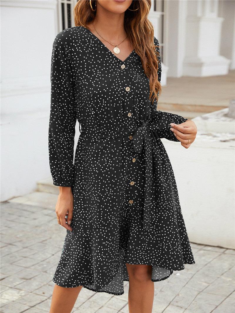 Polka Dot V-neck Long-sleeved Ruffled One-breasted Casual Dress - BUNNY BAZAR