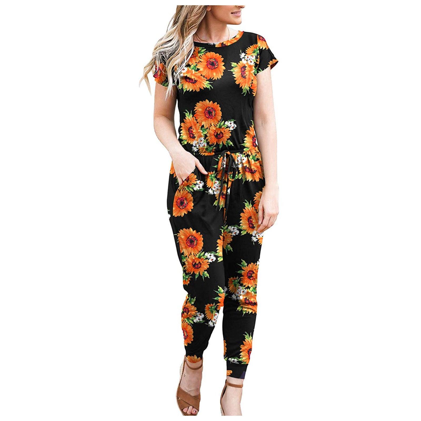 Women's Short Sleeve Printed Stretch Jumpsuit Women - BUNNY BAZAR