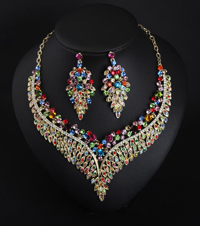 Full Rhinestone Color Clavicle Necklace Earrings Set Dress - BUNNY BAZAR