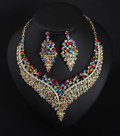 Full Rhinestone Color Clavicle Necklace Earrings Set Dress - BUNNY BAZAR