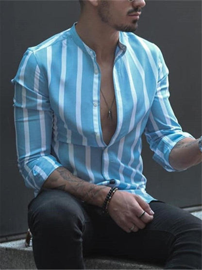 European And American Men's Stand Collar Striped Shirt - BUNNY BAZAR