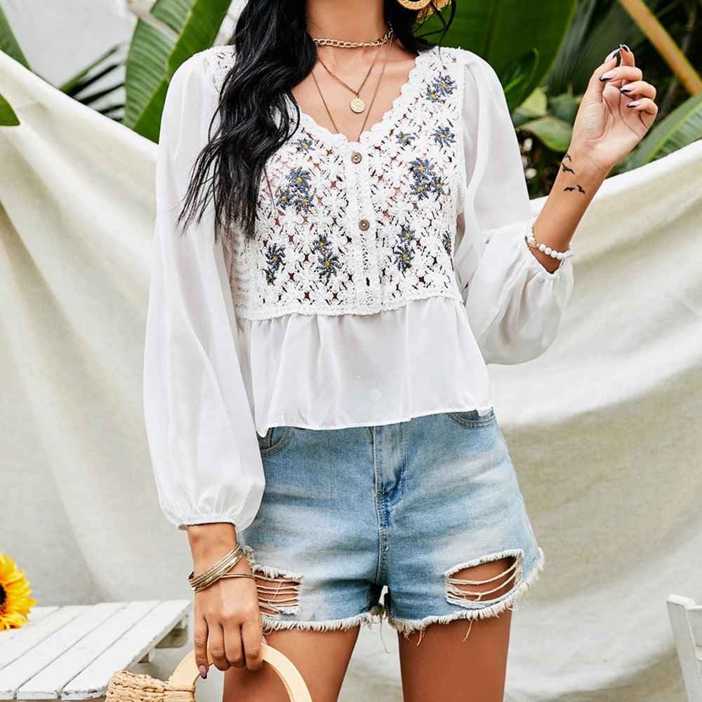 Women's Fashion Embroidered Crocheted Chiffon Shirt - BUNNY BAZAR