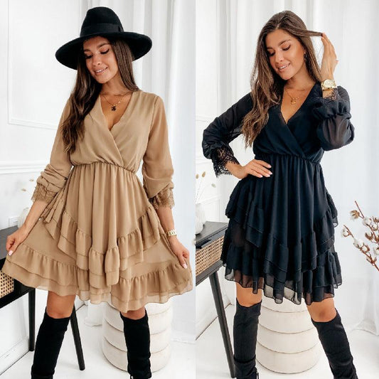 Turtleneck Long Sleeve V-Neck Ruffle Skirt Chiffon Dress - BUNNY BAZAR