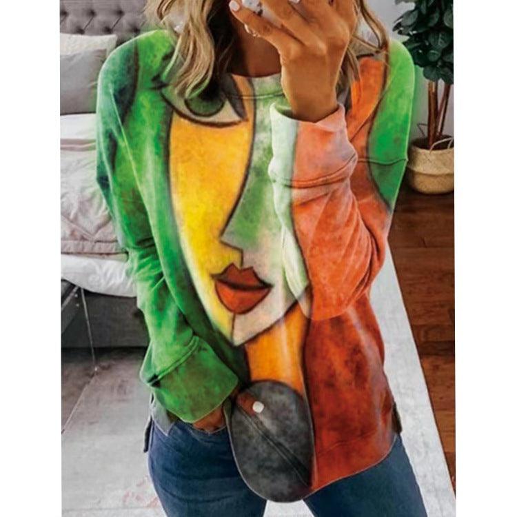 Printed Long-Sleeved Round Neck Casual T-shirt Women - BUNNY BAZAR