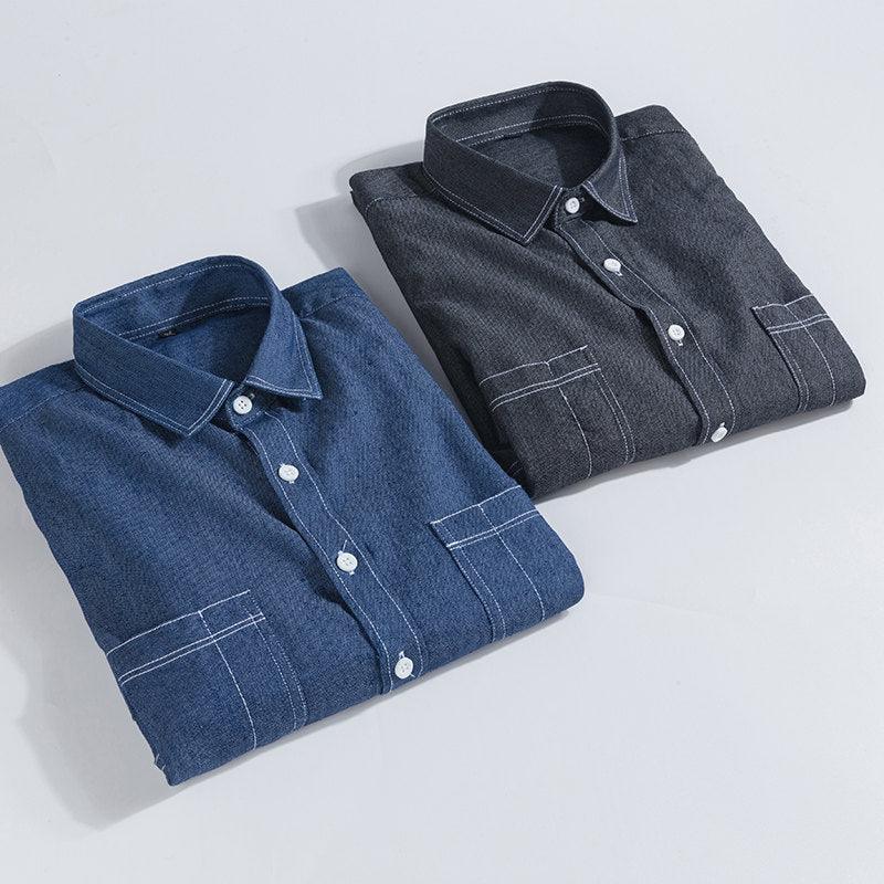 Men's Korean Casual Solid Color Slim Long-sleeved Denim Shirt - BUNNY BAZAR