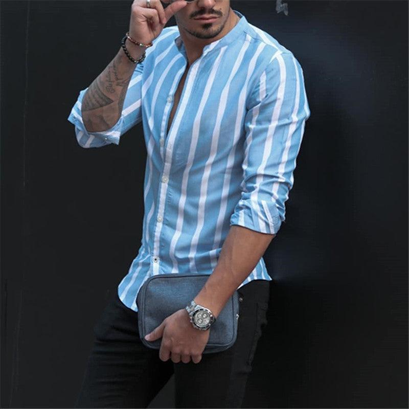 European And American Men's Stand Collar Striped Shirt - BUNNY BAZAR