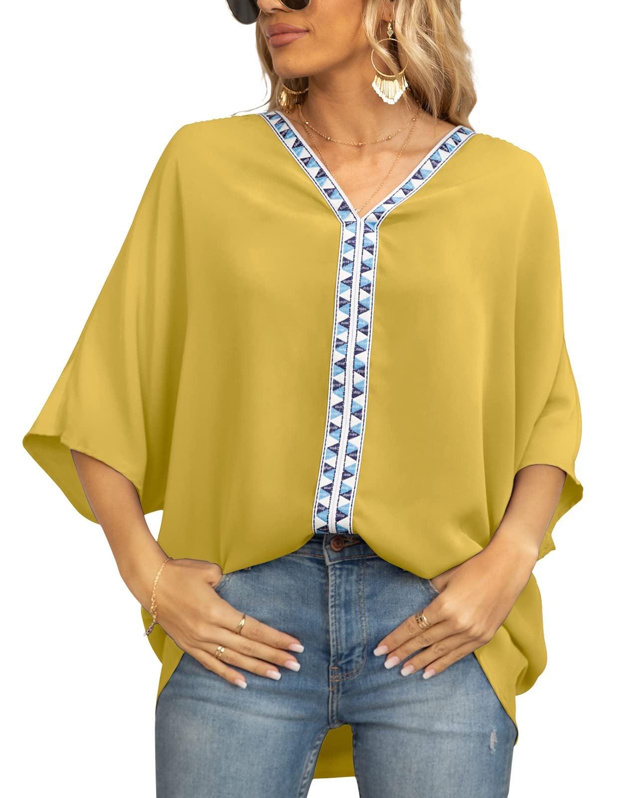 Summer Women's Bat Sleeve Chiffon V-neck Shirt - BUNNY BAZAR