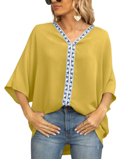 Summer Women's Bat Sleeve Chiffon V-neck Shirt - BUNNY BAZAR