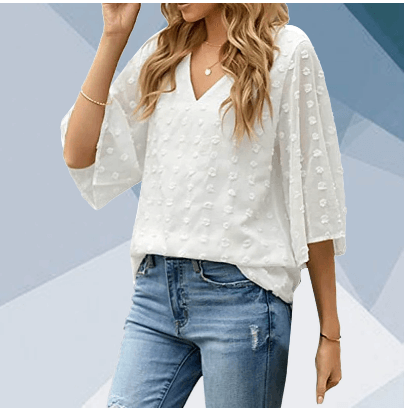 V-neck Three-quarter Sleeves Dotted Chiffon Shirt Blouse Women - BUNNY BAZAR