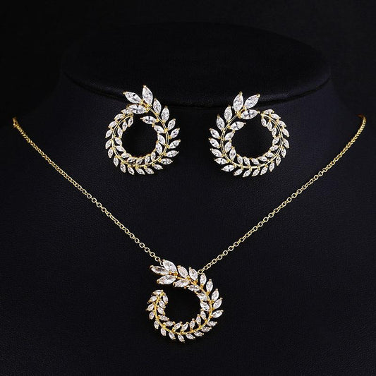 Classic Style High-end Necklace Earrings Set Olive Branch Bridal Jewelry - BUNNY BAZAR