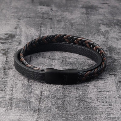 Leather Cord Stainless Steel Braided Bracelet Black Men - BUNNY BAZAR