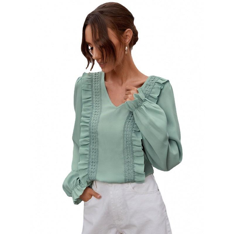 Commuter V-neck Pullover Chiffon Shirt With Wood Ears - BUNNY BAZAR