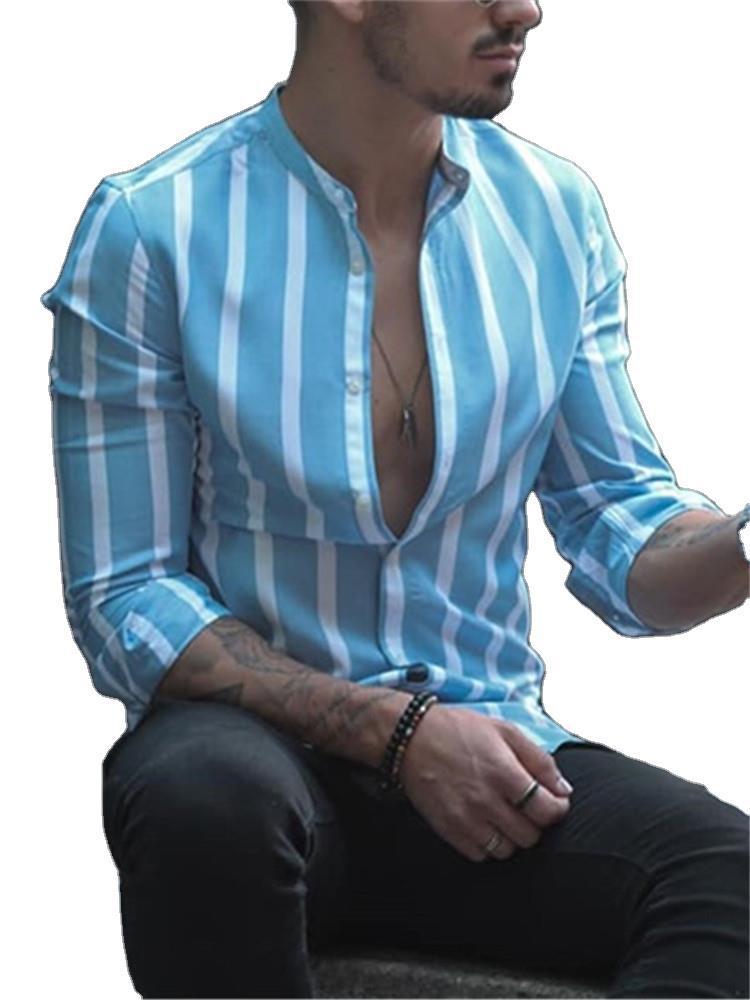 European And American Men's Stand Collar Striped Shirt - BUNNY BAZAR