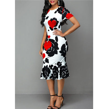 European And American Round Neck Short Sleeve Printed Slim Ruffle Dress - BUNNY BAZAR