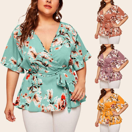 Women's Plus Size V-neck Short-sleeved Printed Waist-tied Loose Chiffon Top - BUNNY BAZAR