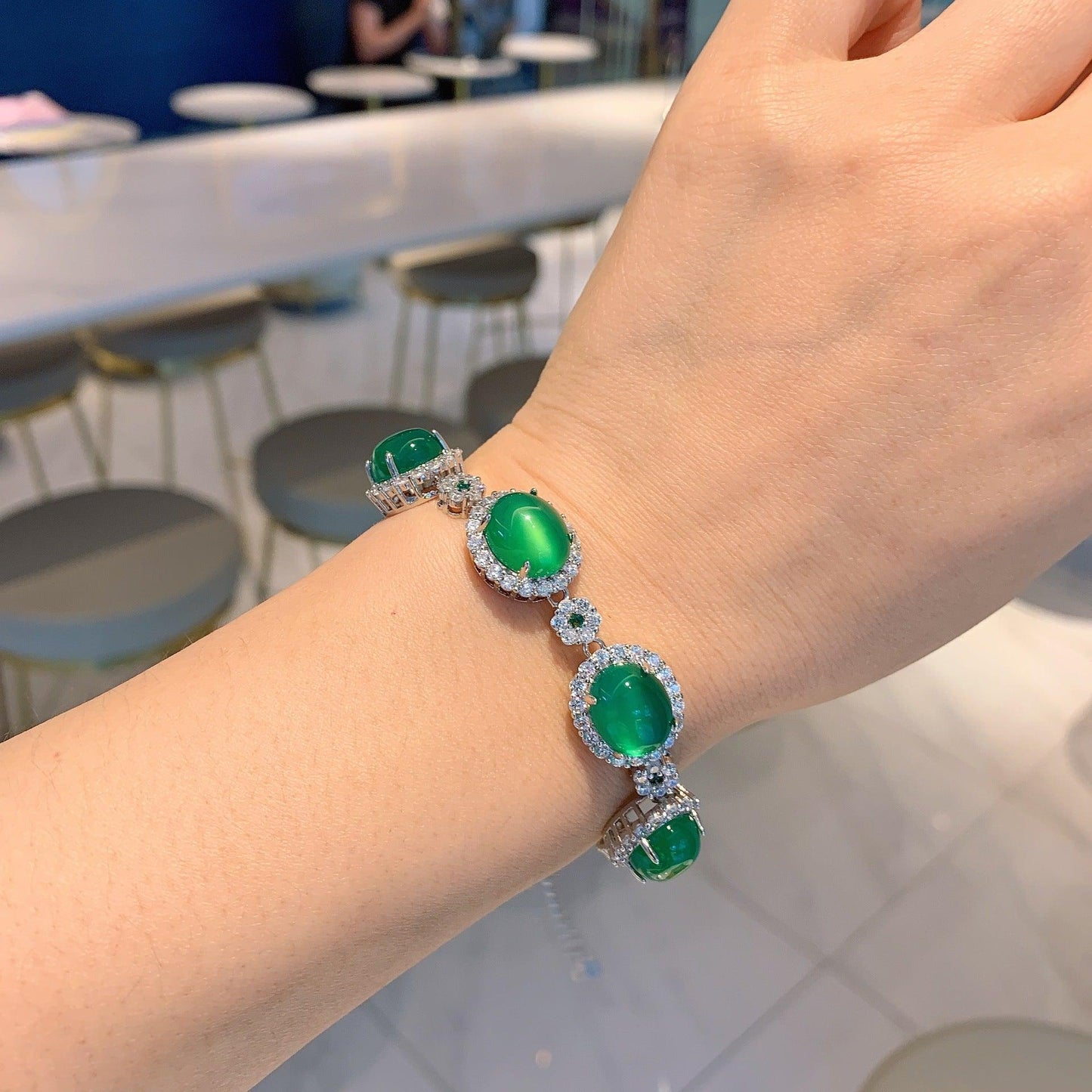 Chalcedony Emerald Green Fluorescent Bracelet Round Diamond Jade Bracelet - BUNNY BAZAR