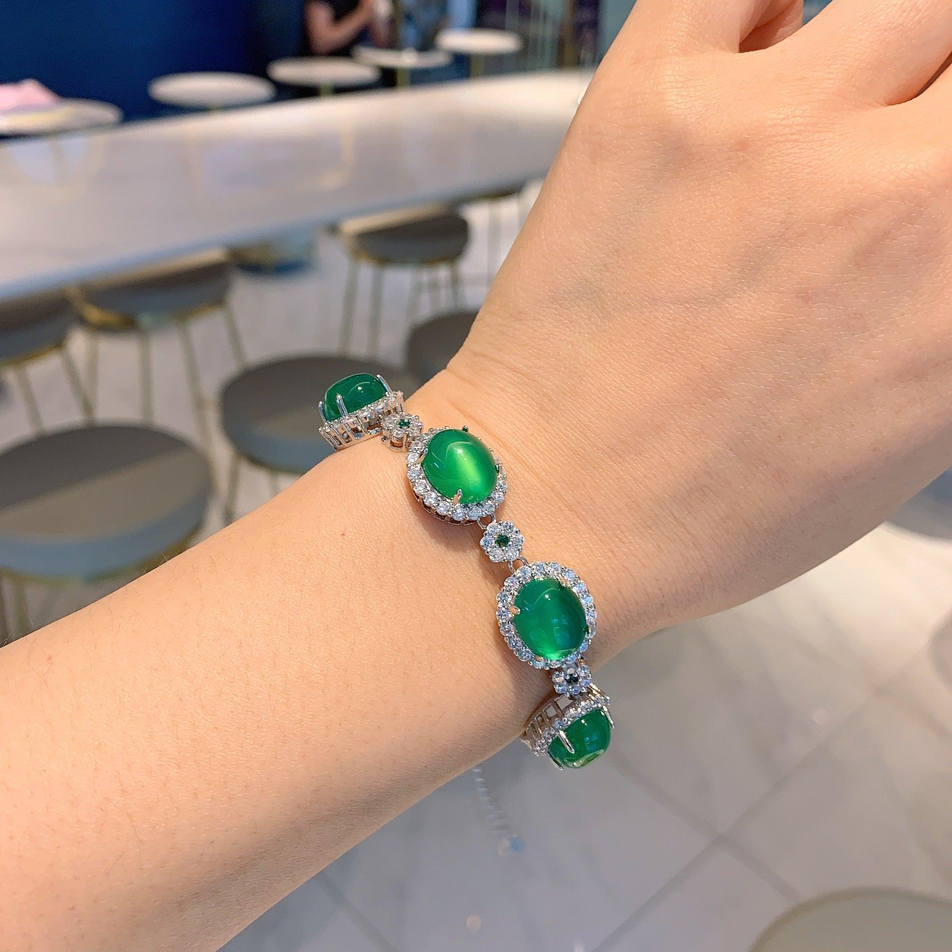 Chalcedony Emerald Green Fluorescent Bracelet Round Diamond Jade Bracelet - BUNNY BAZAR