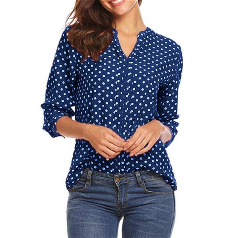 Women's Polka Dot Printed V-neck Long Sleeve Loose Shirt - BUNNY BAZAR