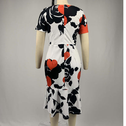 European And American Round Neck Short Sleeve Printed Slim Ruffle Dress - BUNNY BAZAR