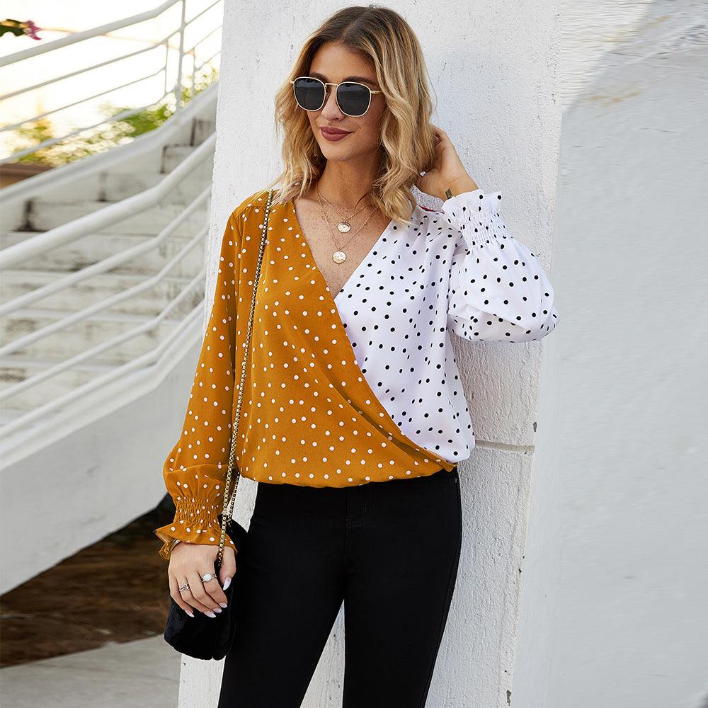 Women's Patchwork Polka Dot Long Sleeve Top Casual Shirt - BUNNY BAZAR