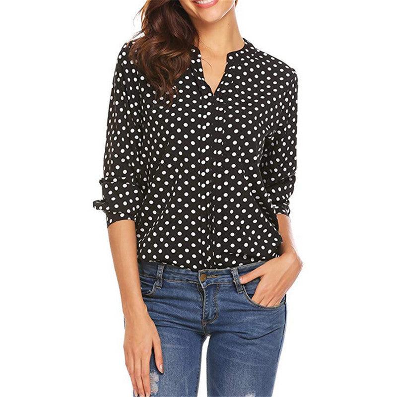 Women's Polka Dot Printed V-neck Long Sleeve Loose Shirt - BUNNY BAZAR