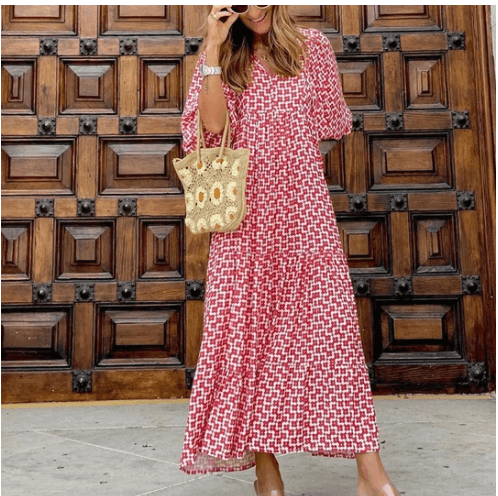 2022 Summer Women's Vintage Printed Bohemian Dress Elegant Ladies Casual Loose V-Neck Half Sleeve Maxi Dresses - BUNNY BAZAR