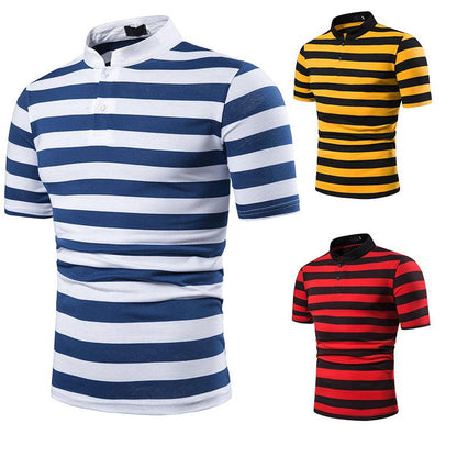 Men's Polo Fashion Thick Stripes Men's Casual Stand-Up Collar Short-Sleeved Polo Shirt - BUNNY BAZAR