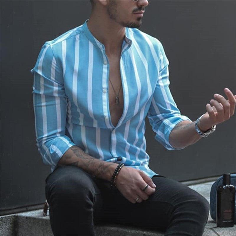 European And American Men's Stand Collar Striped Shirt - BUNNY BAZAR