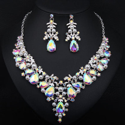 Crystal Pearl Gemstone Necklace And Earrings Set - BUNNY BAZAR