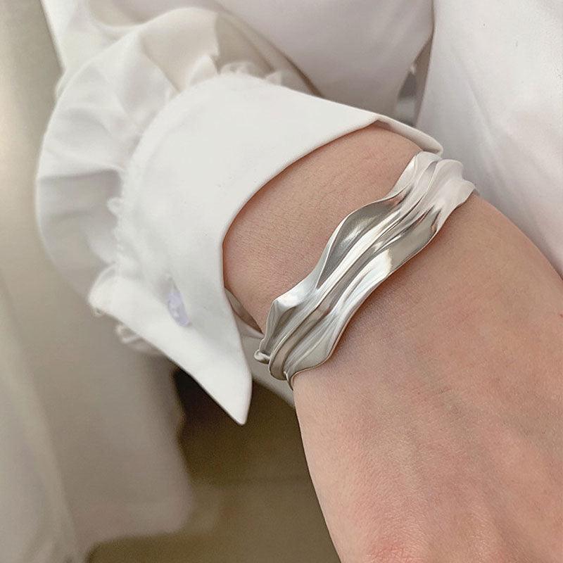 Irregular Fold Texture Opening Wide S925 Sterling Silver Bracelet Women - BUNNY BAZAR