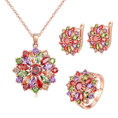 Trendy Rose Gold Zircon Jewelry Earrings Necklace Ring Three Piece Women's - BUNNY BAZAR