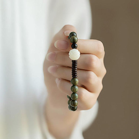 Female Green Sandalwood Buddha Beads White Bodhi Lotus Bracelet Ethnic Style - BUNNY BAZAR
