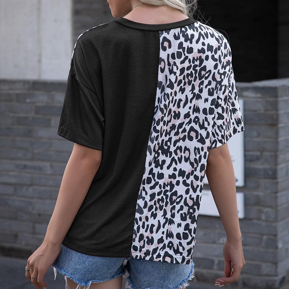 Leopard Print Stitching Crew Neck Short Sleeve T-shirt Women - BUNNY BAZAR