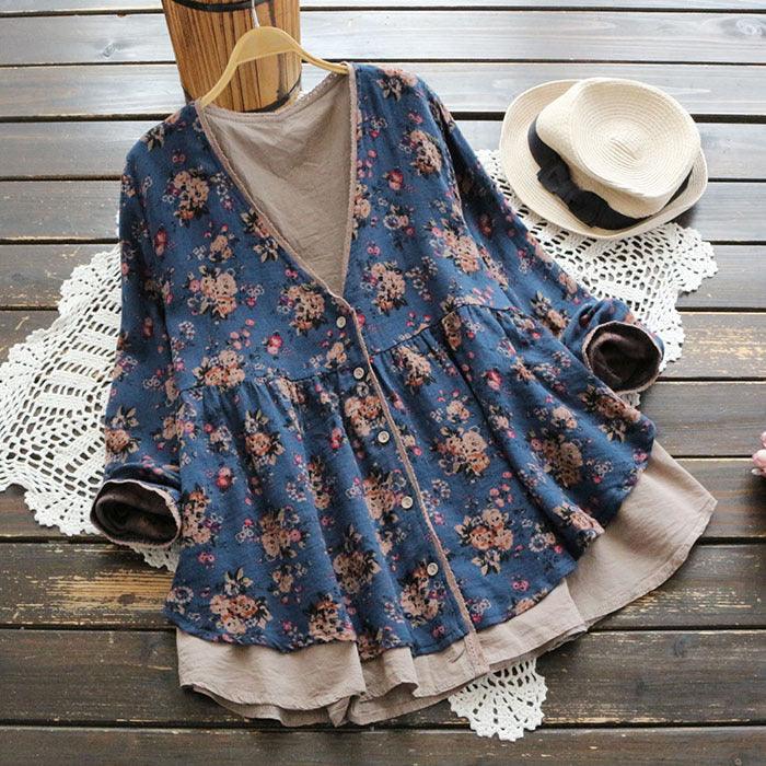 Small Floral V-neck Fake Two Long-sleeved Loose Large Size Blouses - BUNNY BAZAR