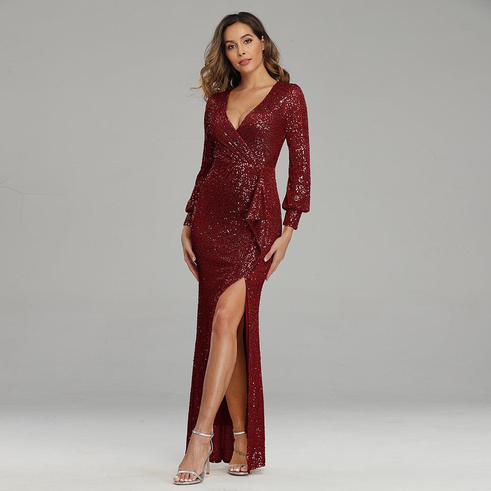 Fantasy Celebrity Sexy High Slit Long Sleeve Sequined Banquet Evening Dress Women - BUNNY BAZAR